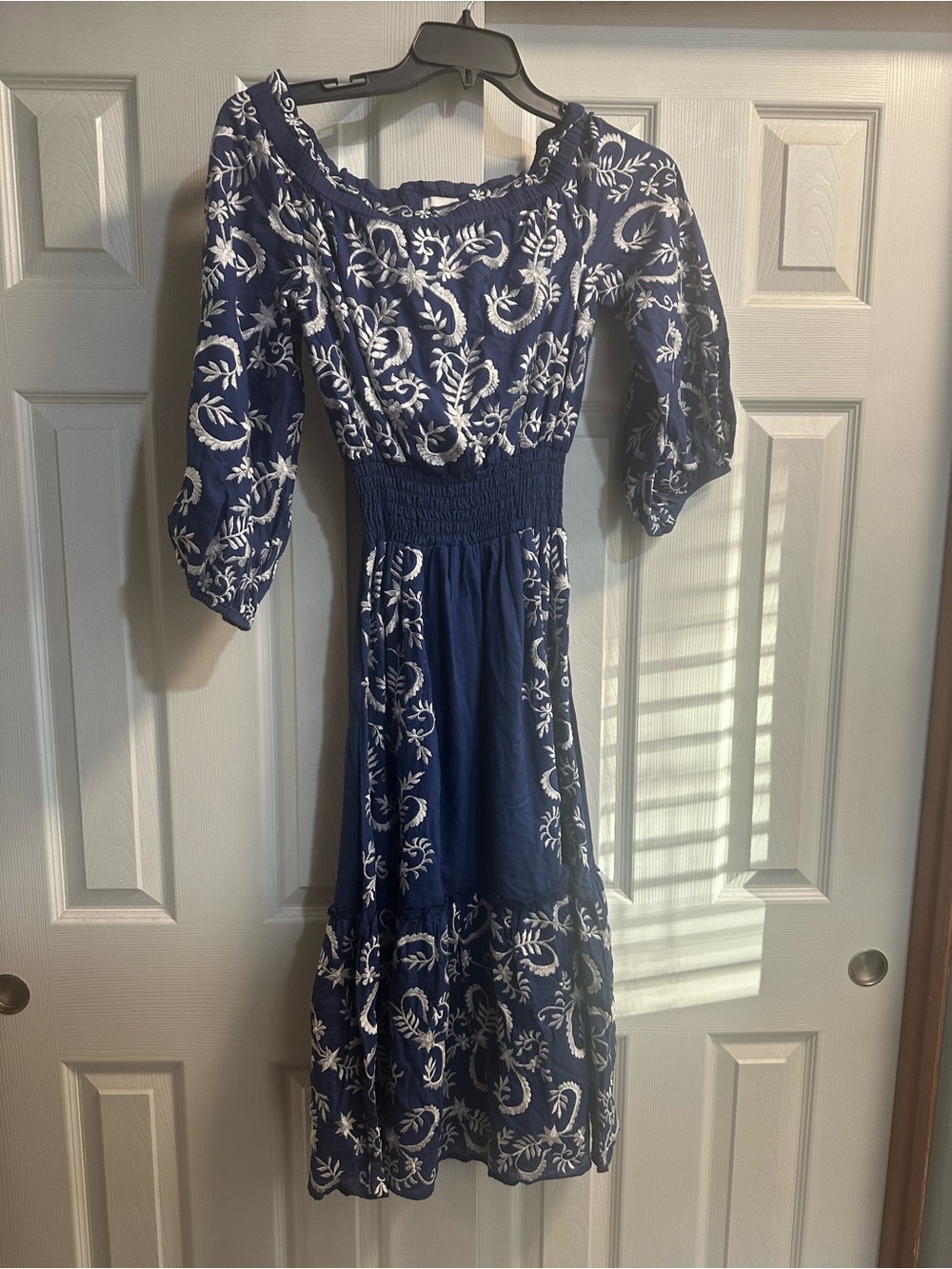 Misa Los Angeles Navy Off-Shoulder Embroidered Midi Dress